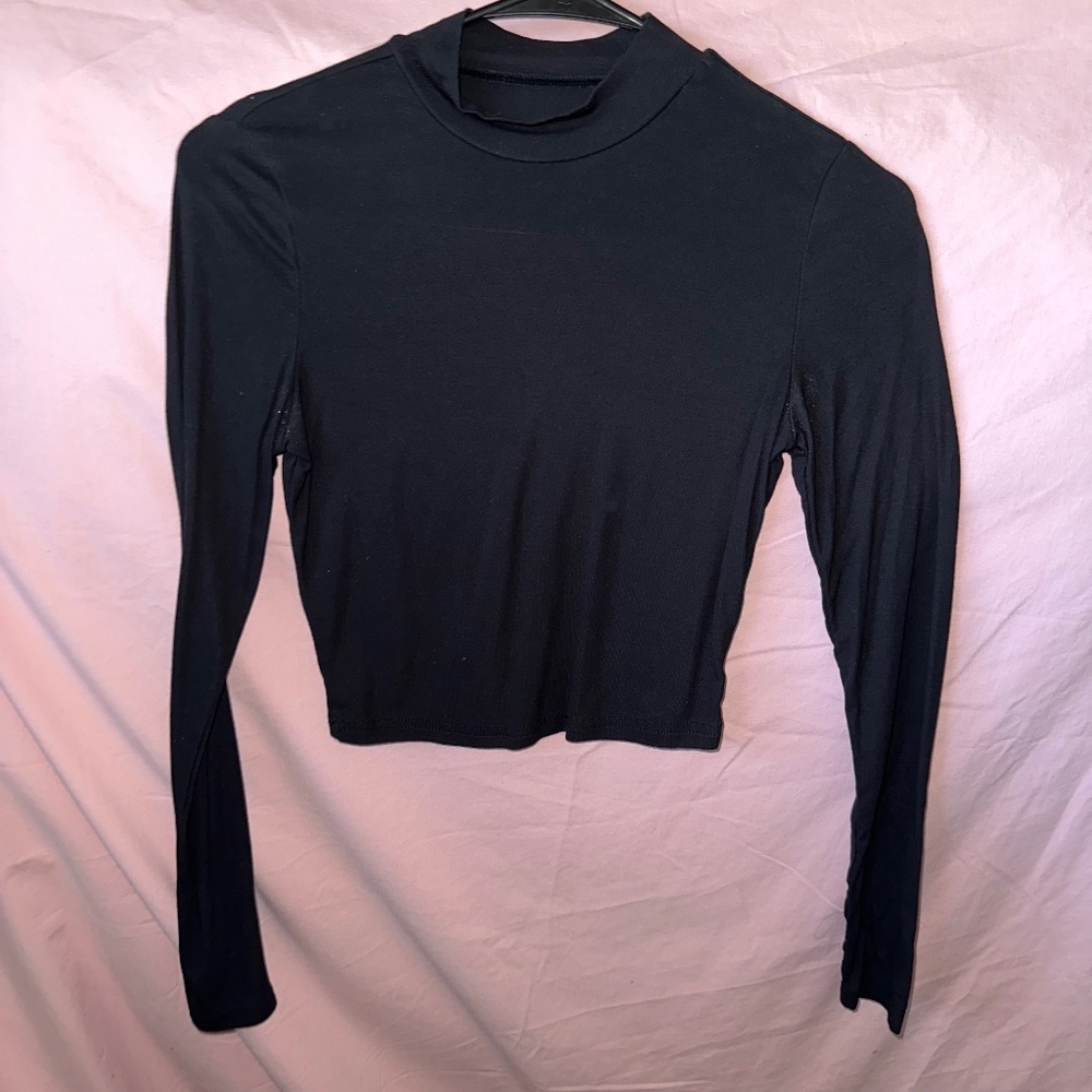 Black short turtle neck long sleeve sheer shirt